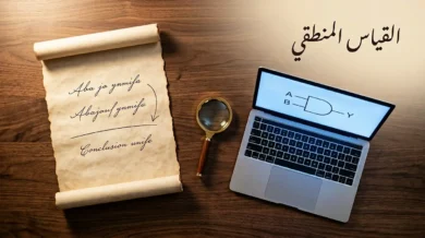 صورة غلاف مقال القياس المنطقي تُظهر مخطوطة قديمة بجانب حاسوب محمول يعرض بوابة منطقية مع عدسة مكبرة نحاسية على مكتب خشبي