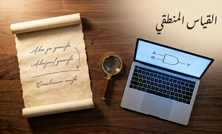 صورة غلاف مقال القياس المنطقي تُظهر مخطوطة قديمة بجانب حاسوب محمول يعرض بوابة منطقية مع عدسة مكبرة نحاسية على مكتب خشبي
