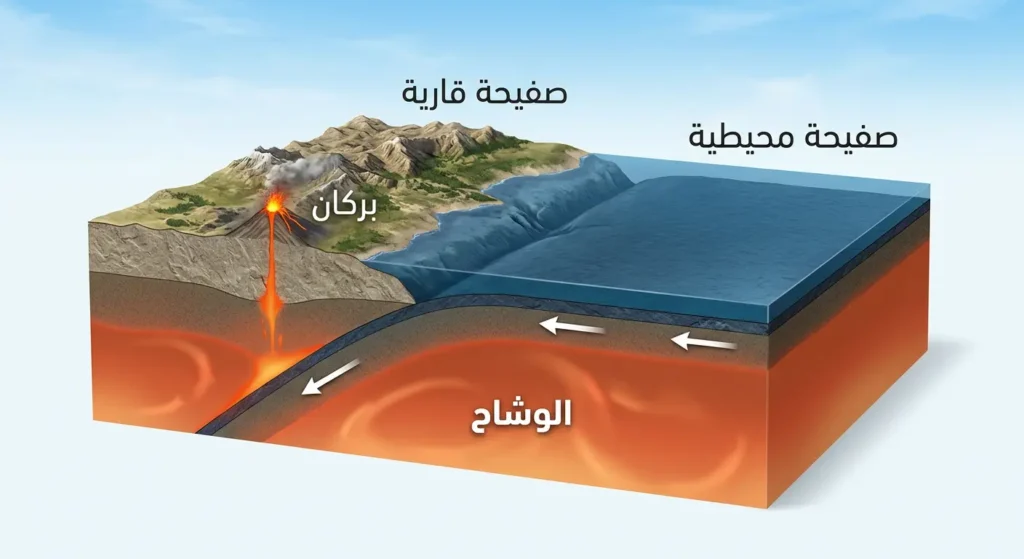 مقطع جانبي يوضح عملية اندساس صفيحة محيطية تحت صفيحة قارية مع تكوّن بركان فوق منطقة الاندساس والوشاح أسفل الصفائح