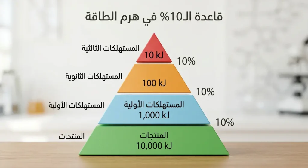 هرم الطاقة بأربع طبقات يُظهر تناقص الطاقة من 10,000 كيلوجول في المنتجات إلى 10 كيلوجول في المستهلكات الثالثية مع نسبة انتقال 10% بين كل مستوى