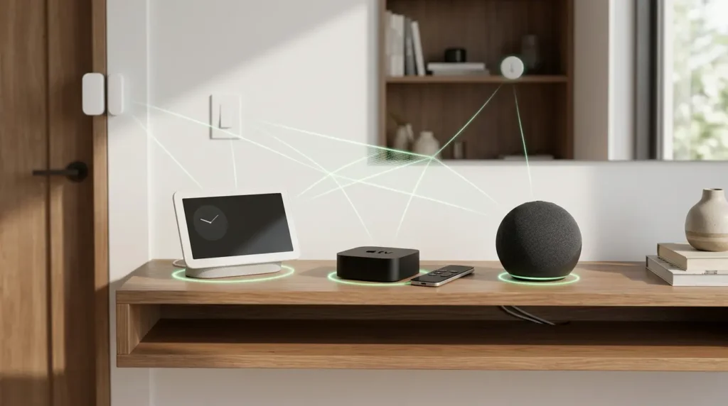 أجهزة توجيه حدودية فعلية مثل Google Nest Hub وApple TV وAmazon Echo على رف منزلي تعمل كجسور لشبكة Thread ضمن بروتوكول ماتر.