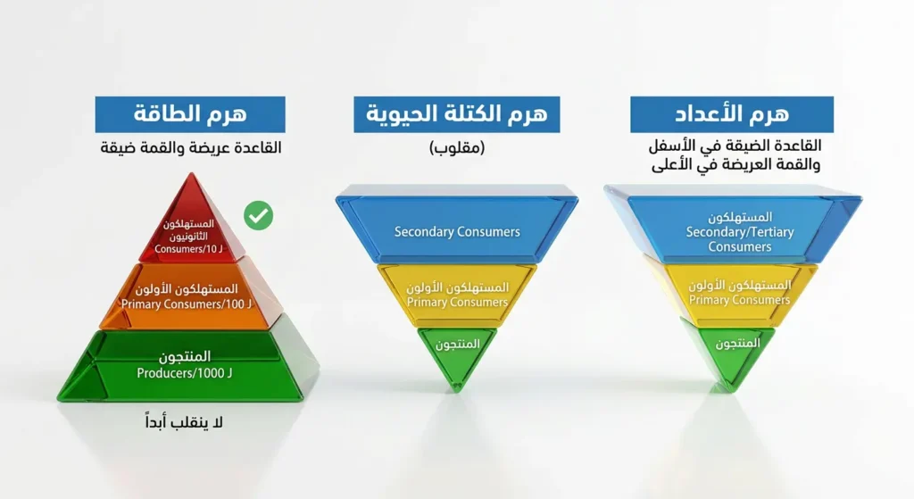  ثلاثة أهرامات بيئية متجاورة تُظهر هرم الأعداد المقلوب وهرم الكتلة الحيوية المقلوب وهرم الطاقة الذي لا ينقلب أبداً