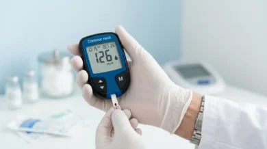 جهاز قياس السكر في يد طبيب يرمز إلى التصنيف المرحلي الجديد للسكري من النوع الثاني بدلاً من مصطلح ما قبل السكري