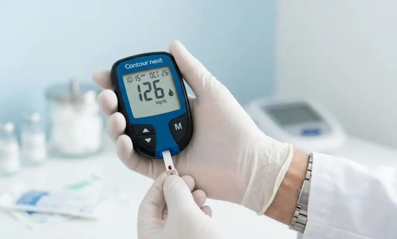 جهاز قياس السكر في يد طبيب يرمز إلى التصنيف المرحلي الجديد للسكري من النوع الثاني بدلاً من مصطلح ما قبل السكري