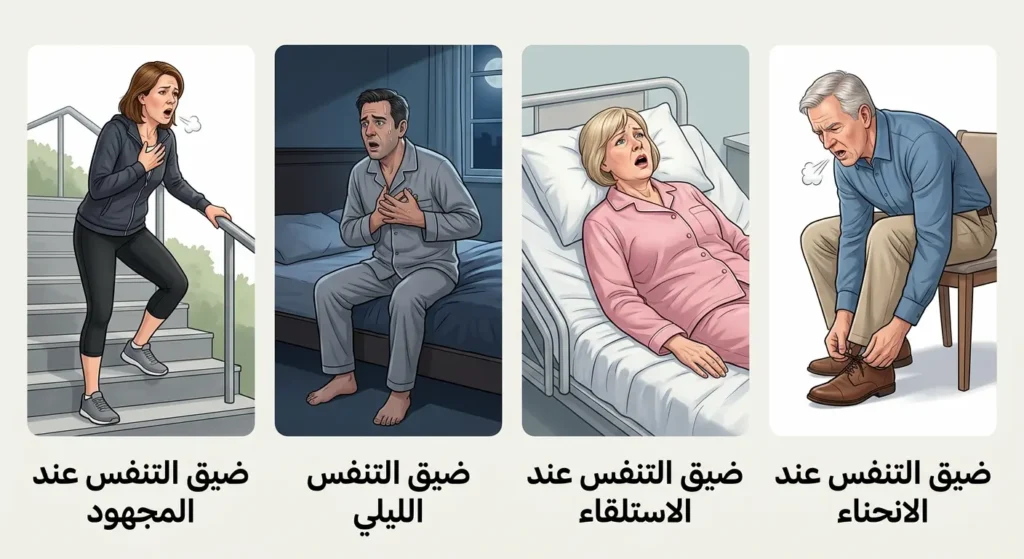 رسم توضيحي يقارن بين أربعة أنواع من ضيق التنفس: عند الانحناء وعند الاستلقاء والليلي وعند المجهود