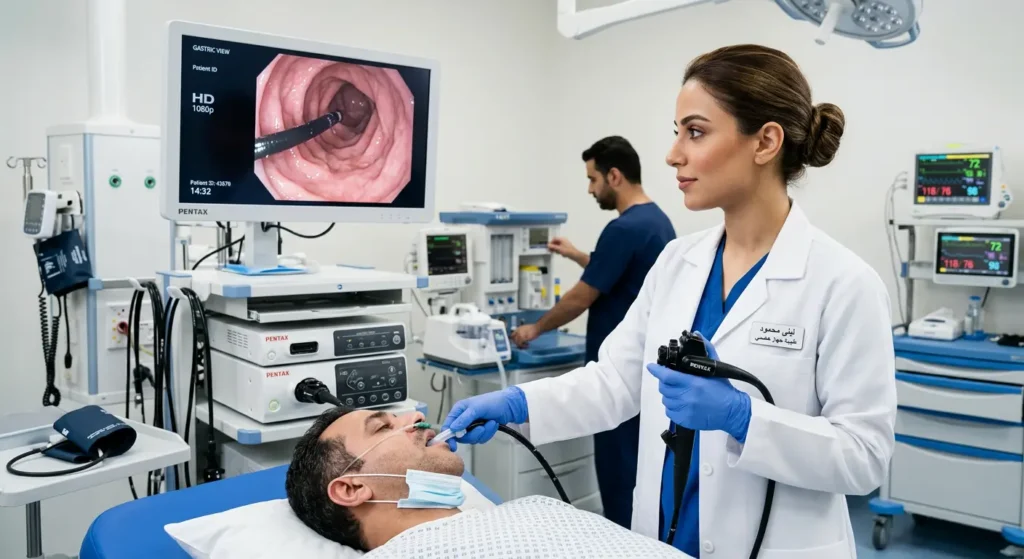 طبيبة تُجري تنظيراً علوياً للجهاز الهضمي لمريض مع ظهور شاشة المنظار