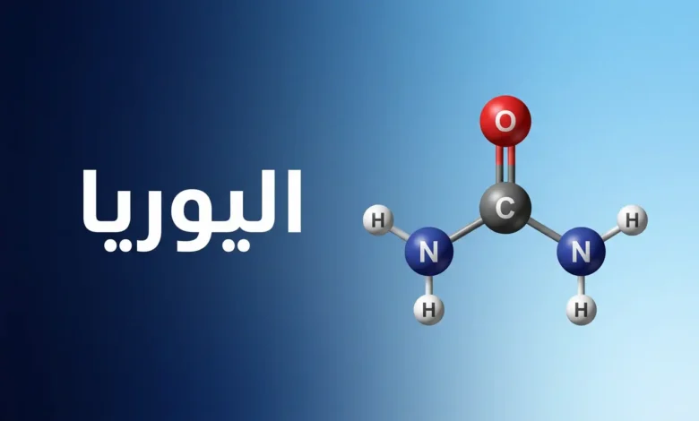 صورة غلاف تعرض نموذجاً ثلاثي الأبعاد لجزيء اليوريا مع كلمة اليوريا بالعربية على خلفية زرقاء متدرجة
