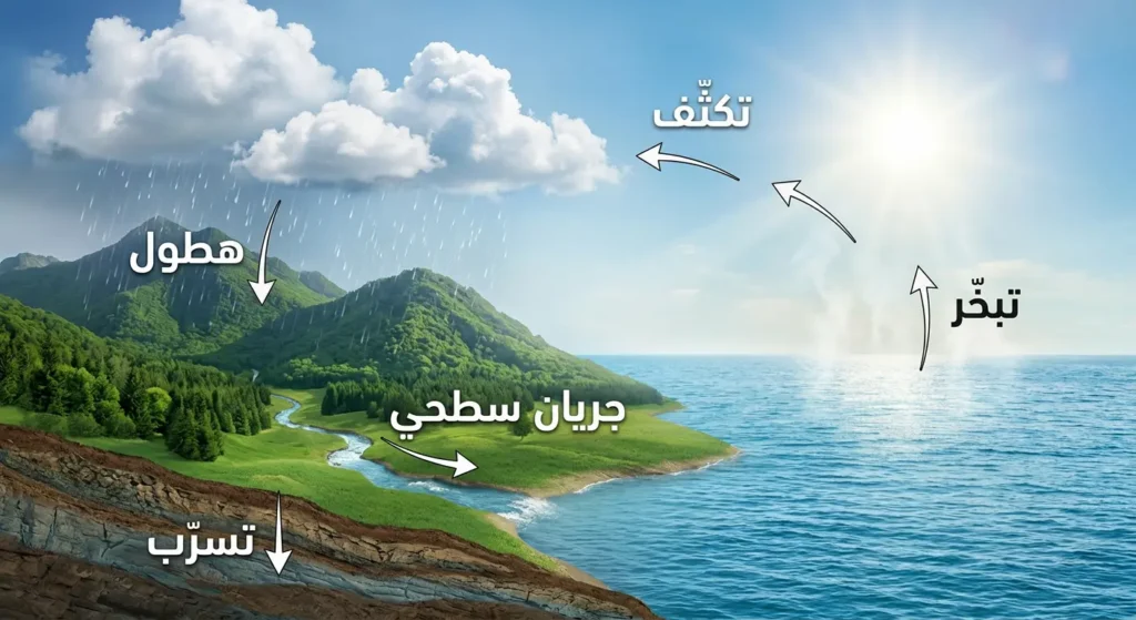 رسم توضيحي يوضح دورة المياه في الطبيعة من التبخر والتكثف والهطول والجريان السطحي والتسرب إلى المياه الجوفية