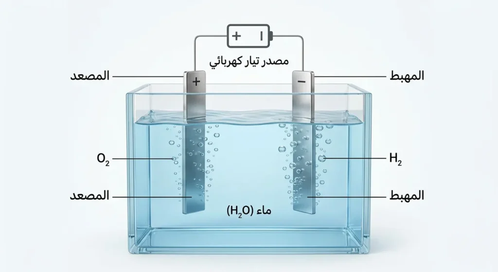 رسم توضيحي مقطعي لخلية تحليل كهربائي للماء يُظهر المهبط على اليمين حيث تتصاعد فقاعات الهيدروجين والمصعد على اليسار حيث يتصاعد الأكسجين مع مصدر تيار كهربائي في الأعلى