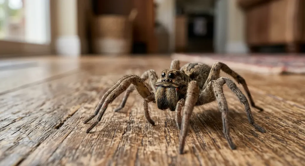 عنكبوت الذئب بجسم مشعر وعيون مرتبة بنمط مميز على أرضية منزل