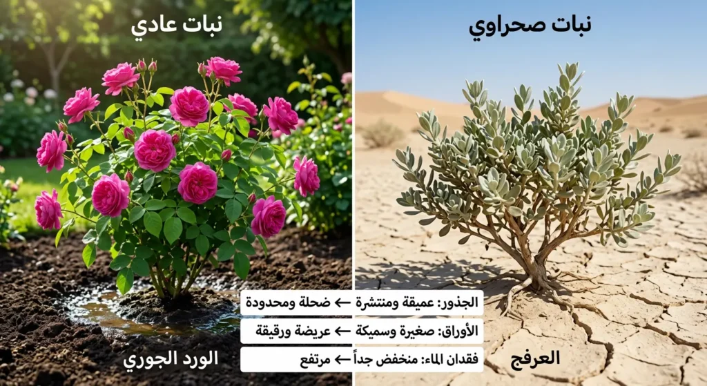 مقارنة واقعية بين نبات صحراوي (العرفج) في تربة جافة ونبات عادي (الورد الجوري) في تربة رطبة مع ثلاث نقاط مقارنة في الجذور والأوراق وفقدان الماء