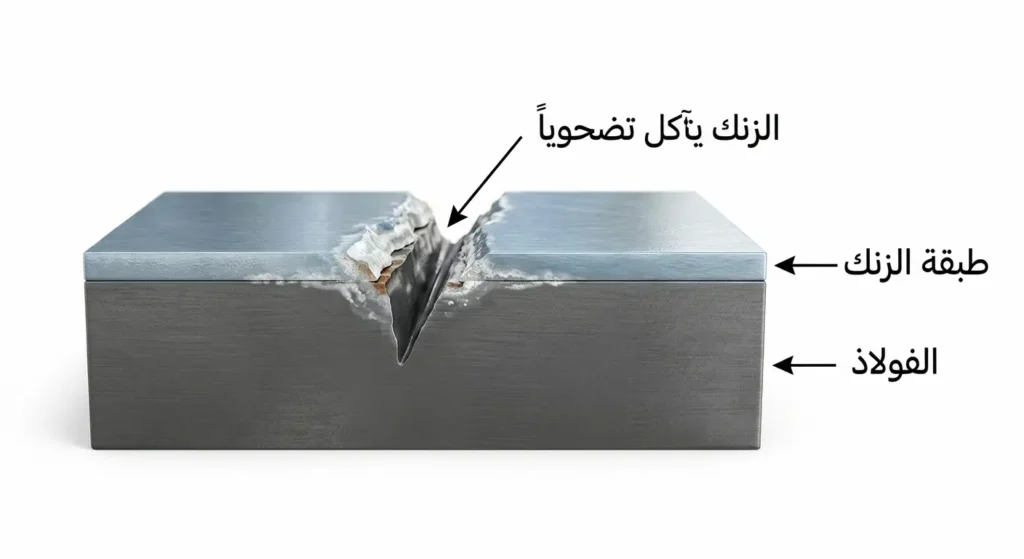 رسم توضيحي لمقطع جانبي في فولاذ مجلفن يُظهر كيف يتآكل الزنك تضحوياً عند منطقة الخدش لحماية الفولاذ
