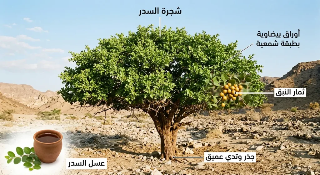 صورة واقعية لشجرة سدر ناضجة في وادٍ جاف عربي تُظهر أوراقها البيضاوية المغطاة بطبقة شمعية وثمار النبق الناضجة وعسل السدر