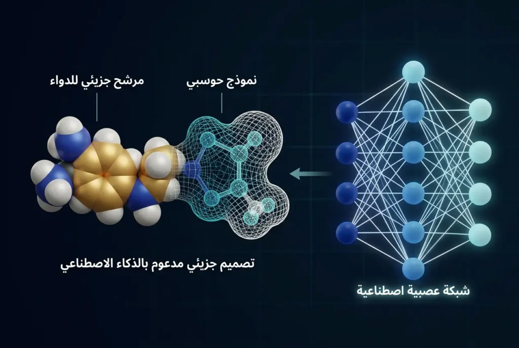 تمثيل علمي ثلاثي الأبعاد لدور الذكاء الاصطناعي في تصميم الجزيئات الدوائية من خلال الشبكات العصبية العميقة