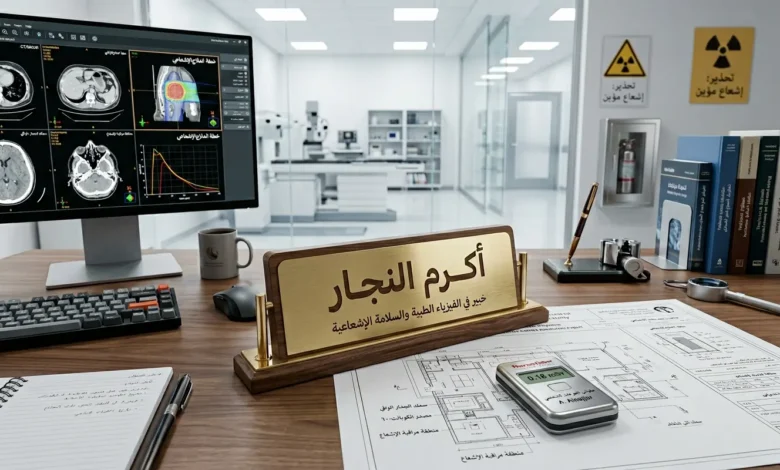 معدات وأدوات تعكس تخصص أكرم النجار في الفيزياء الطبية والوقاية الإشعاعية