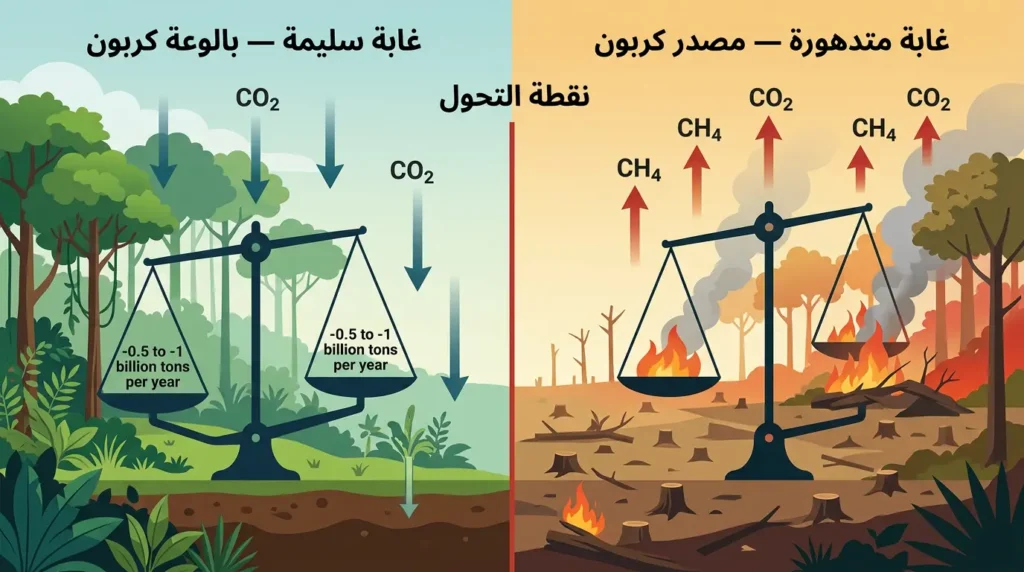 إنفوغرافيك علمي يُقارن بين دور الغابة السليمة كبالوعة كربون ودور الغابة المتدهورة كمصدر لانبعاثات الكربون