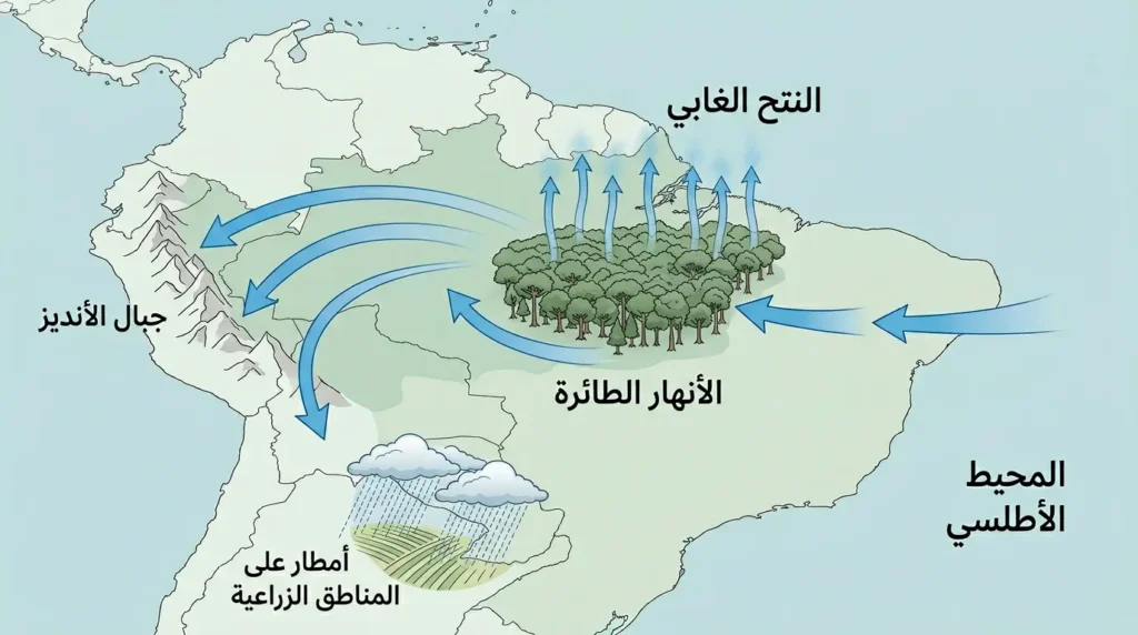 رسم توضيحي علمي يُظهر ظاهرة الأنهار الطائرة حيث تنقل غابة الأمازون بخار الماء من المحيط الأطلسي عبر الغلاف الجوي إلى المناطق الزراعية جنوباً