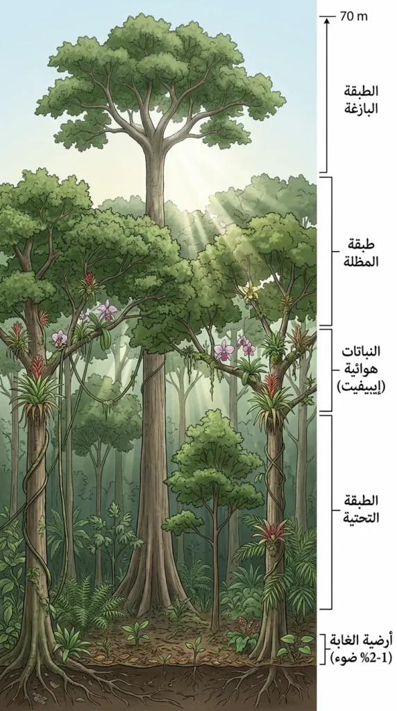 رسم مقطعي علمي يُظهر الطبقات النباتية الأربع لغابة الأمازون من أرضية الغابة المظلمة حتى الطبقة البازغة العالية