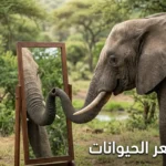 صورة واقعية لفيل ينظر في المرآة توضح وعي الحيوانات مكتوب عليها هل تشعر الحيوانات