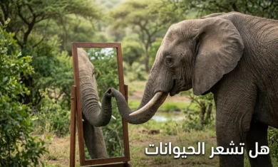 صورة واقعية لفيل ينظر في المرآة توضح وعي الحيوانات مكتوب عليها هل تشعر الحيوانات