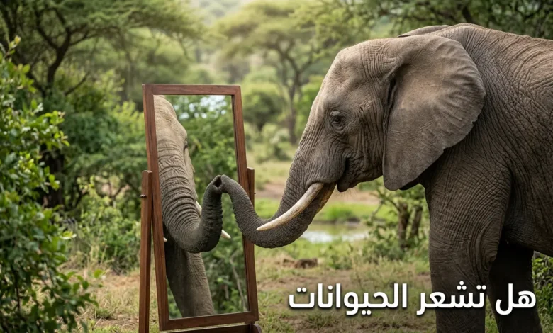 صورة واقعية لفيل ينظر في المرآة توضح وعي الحيوانات مكتوب عليها هل تشعر الحيوانات
