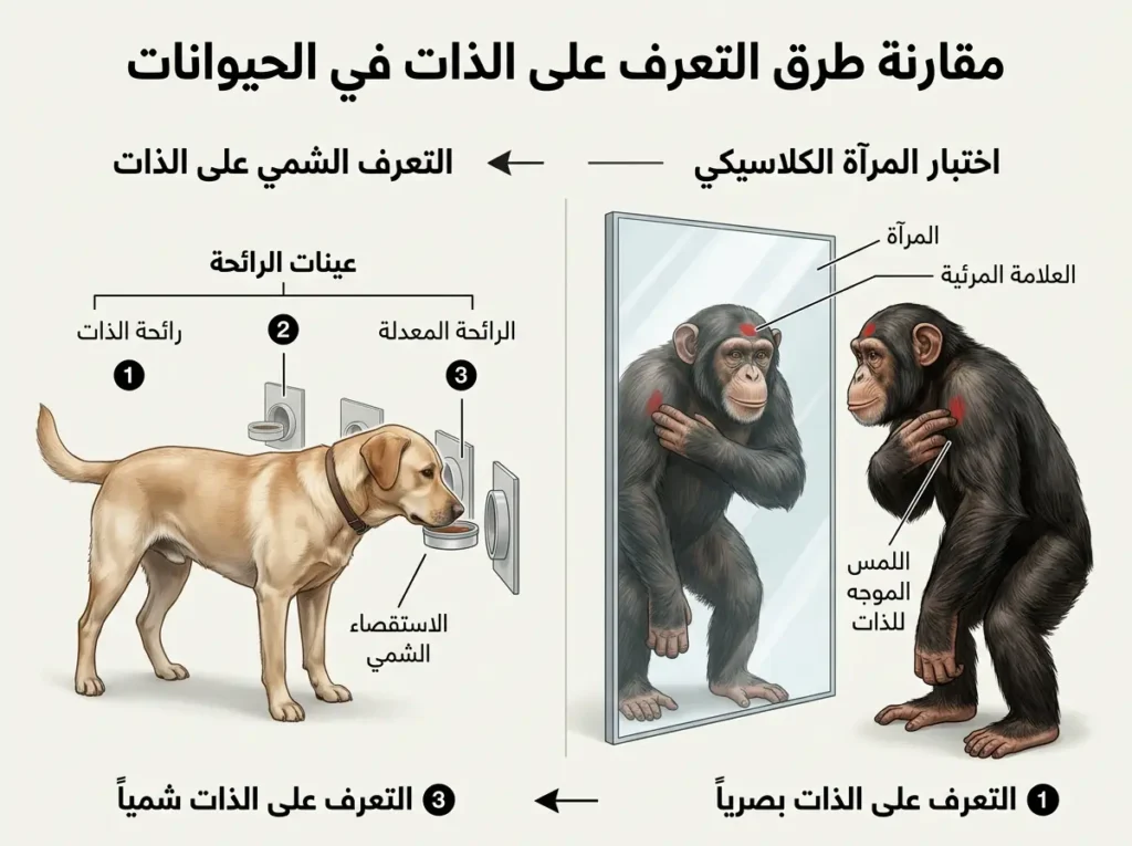 إنفوغرافيك يوضح اختبار المرآة واختبار الشم الذاتي كوسيلتين مختلفتين لقياس إدراك الذات عند الحيوانات.