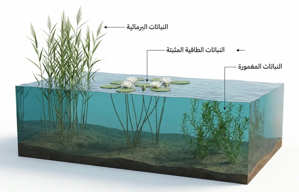 رسم ثلاثي الأبعاد يُصنّف النباتات المائية إلى مغمورة وطافية مثبتة وبرمائية بحسب موضعها من سطح الماء