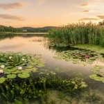 بحيرة مياه عذبة هادئة تكسوها نباتات مائية متنوعة بين طافية ومغمورة وبرمائية عند غروب الشمس
