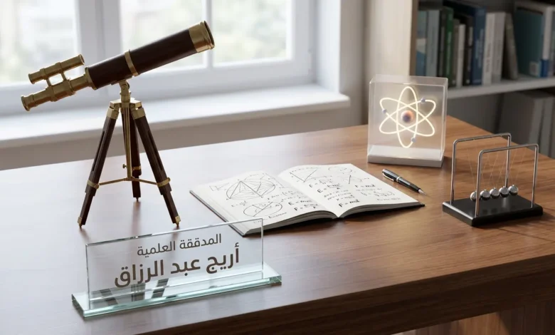 صورة تعبيرية لمكتب المدققة العلمية أريج عبد الرزاق في موسوعة خلية العلمية، تظهر أدوات وكتب العلوم العامة.