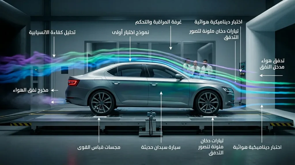 اختبار الديناميكا الهوائية لسيارة في نفق هوائي باستخدام خيوط الدخان الملونة