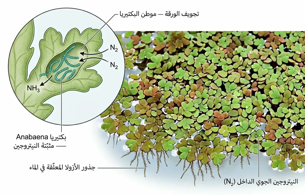  رسم توضيحي علمي لنبات الأزولا العائم مع مقطع مكبّر يُظهر بكتيريا Anabaena داخل تجويف الورقة وآلية تثبيت النيتروجين