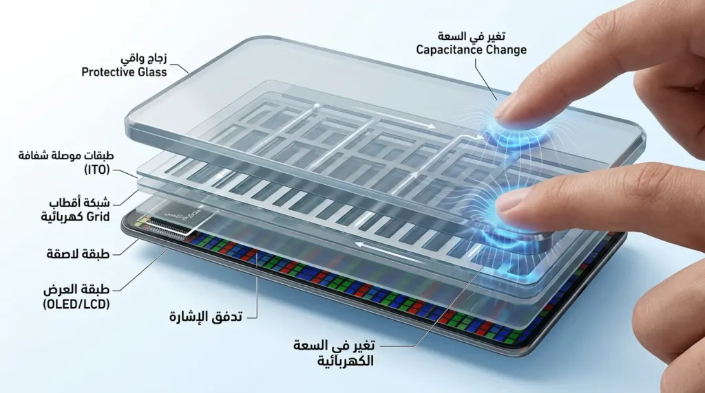 مقطع ثلاثي الأبعاد يوضح آلية عمل شاشة اللمس السعوية المتعددة مع المجال الكهربائي عند نقطة اللمس