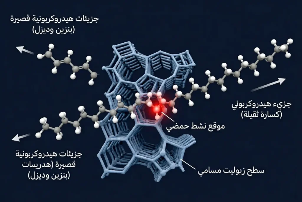نموذج جزيئي ثلاثي الأبعاد يوضح انكسار الهيدروكربون الثقيل على سطح الزيوليت في عملية التكسير الحفزي