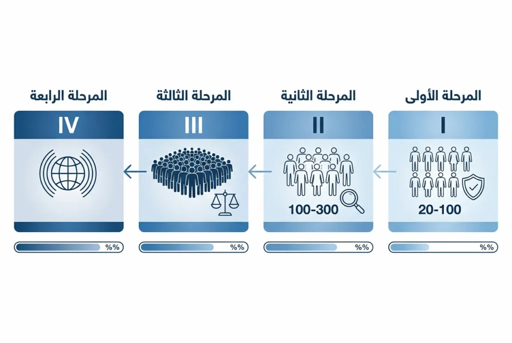 مخطط تسلسلي يوضح المراحل الأربع للتجارب السريرية من اختبار الأمان إلى مراقبة ما بعد التسويق
