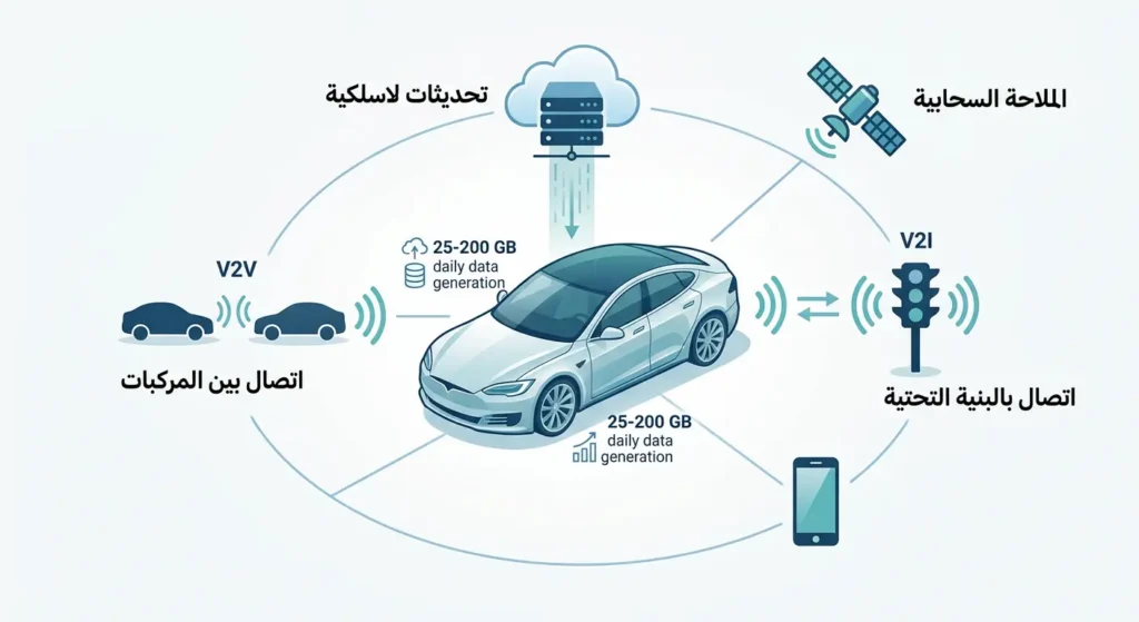 إنفوجرافيك يوضح منظومة السيارة المتصلة وتبادل البيانات مع البنية التحتية والمركبات والسحابة
