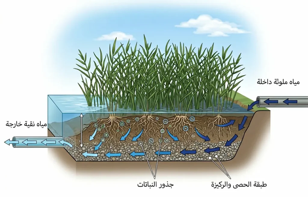 مقطع توضيحي لنظام أرض رطبة مُصطنعة يُظهر آلية تنقية المياه باستخدام نباتات القصب المائية