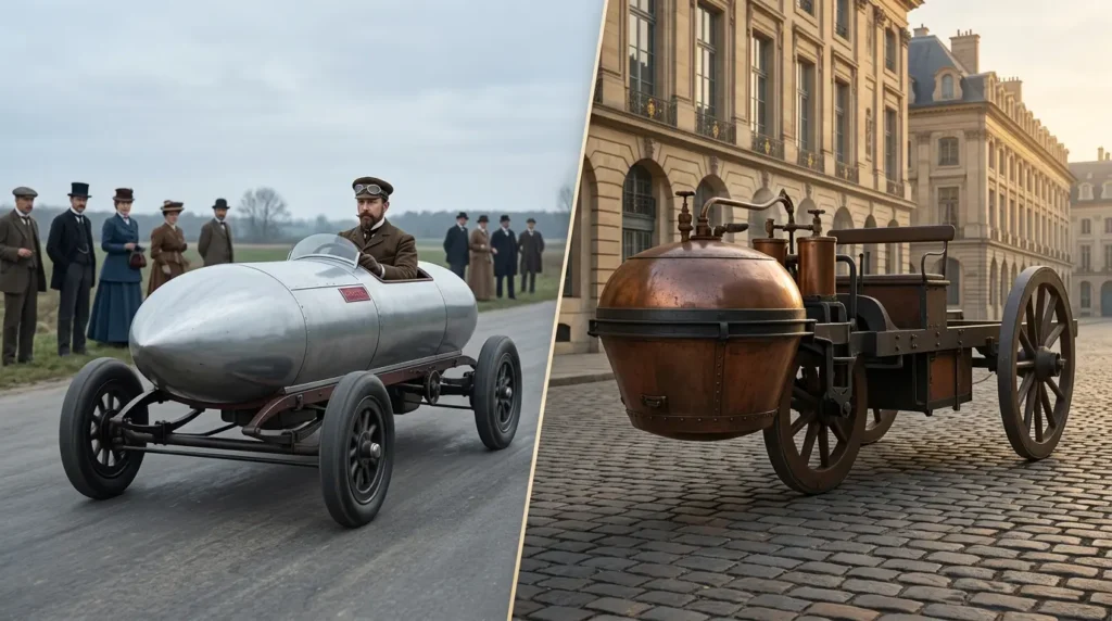 مقارنة تاريخية بين مركبة كونيو البخارية عام 1769 وسيارة جناتزي الكهربائية عام 1899