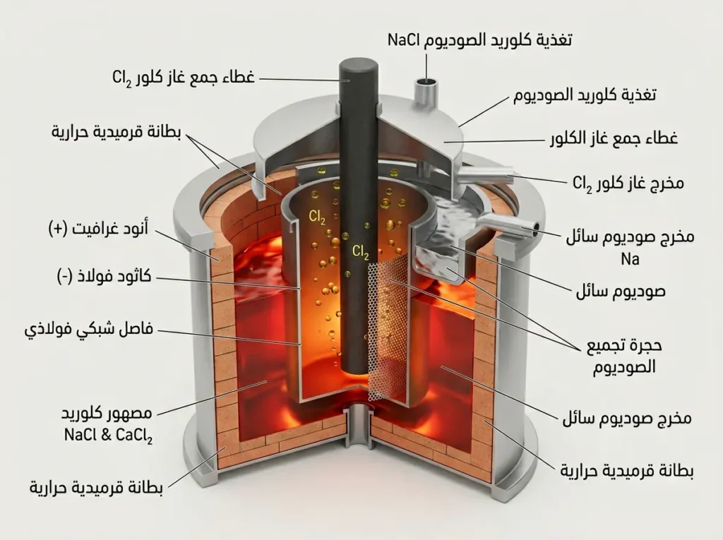 مقطع ثلاثي الأبعاد لخلية داونز يوضح الأقطاب والمصهور ومنطقة تجمع الصوديوم السائل وانطلاق غاز الكلور.