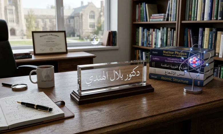 مكتب أكاديمي يعكس تخصص الدكتور بلال الهندي في الفيزياء النووية