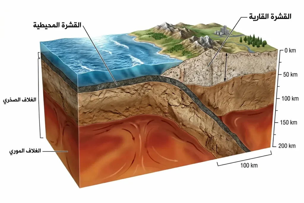 مقطع تشريحي توضيحي يُظهر طبقات الأرض العليا من القشرة القارية والمحيطية والغلاف الصخري والغلاف الموري