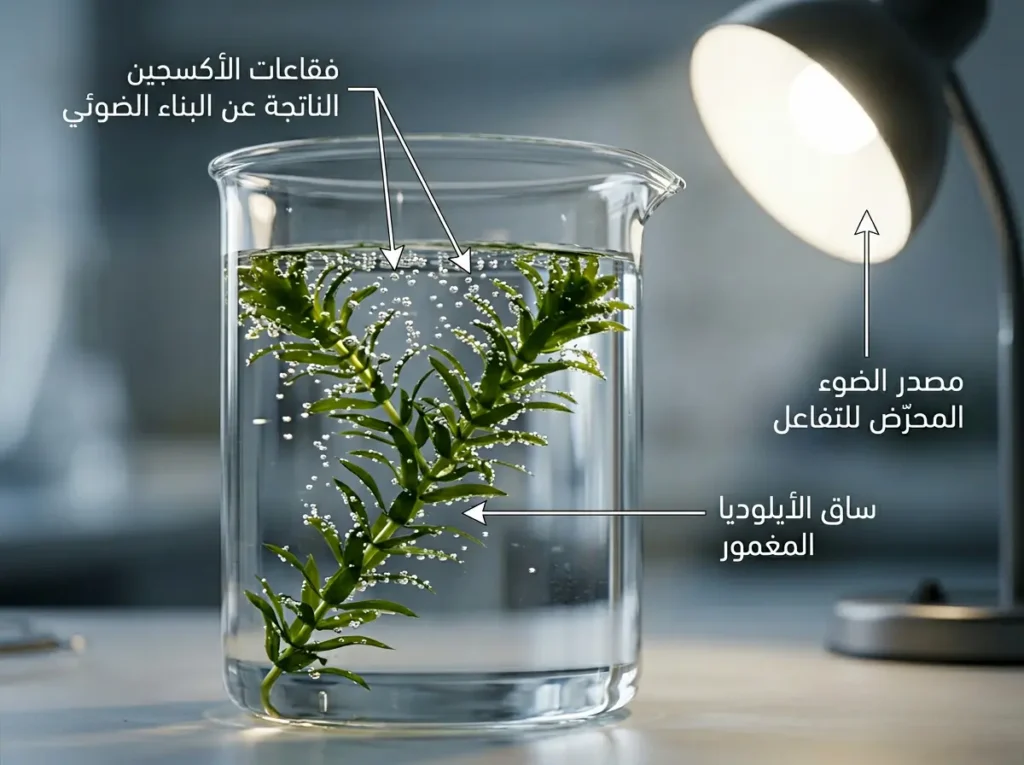 تجربة منزلية واقعية تُظهر ساق الأيلوديا المغمور في كوب زجاجي يُنتج فقاعات أكسجين مرئية عند تعرضه للضوء