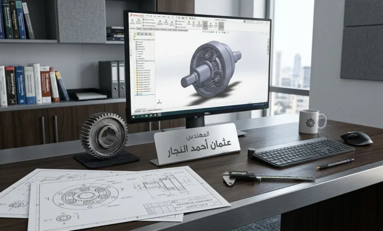 مكتب المهندس عثمان أحمد النجار يظهر مخططات هندسية ميكانيكية