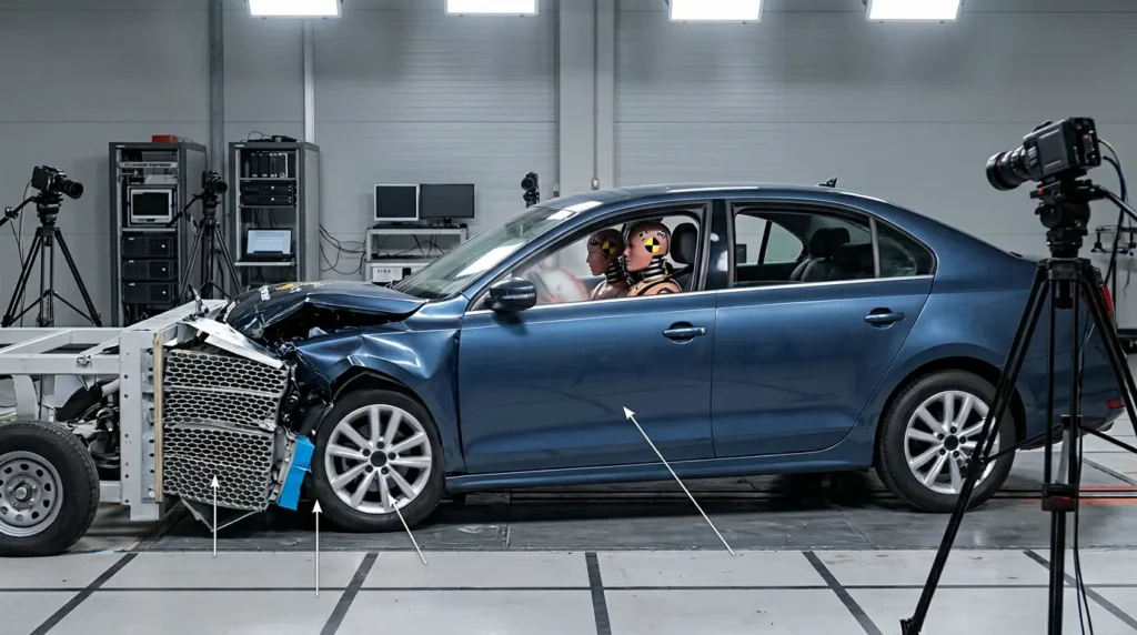 اختبار تصادم أمامي لسيارة في منشأة Euro NCAP باستخدام دمية اختبارية