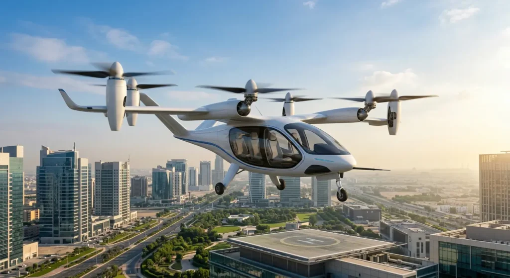 عربة إقلاع وهبوط رأسي كهربائية eVTOL تحلّق فوق مدينة حديثة كتاكسي جوي مستقبلي