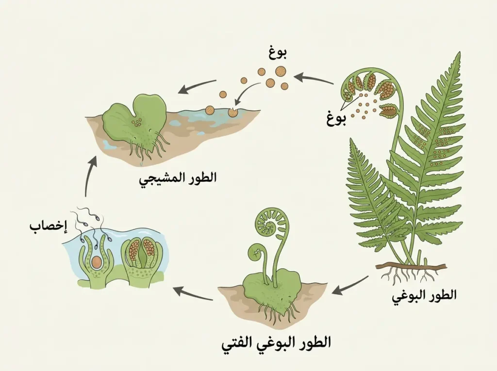 إنفوجرافيك يشرح دورة حياة السرخسيات وتعاقب الأجيال من البوغ إلى الطور المشيجي ثم الطور البوغي