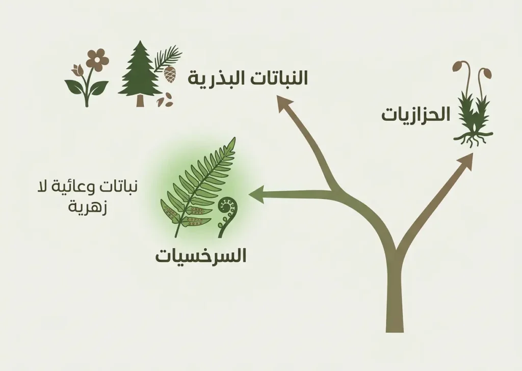 مخطط علمي يوضح موقع السرخسيات بين الحزازيات والنباتات البذرية ضمن شجرة المملكة النباتية