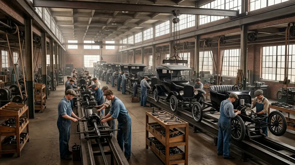 خط التجميع المتحرك في مصنع فورد هايلاند بارك عام 1913 لإنتاج سيارة موديل T