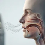 مقطع جانبي واقعي لرأس إنسان مع تمثيل نظيف لجزيئات رائحة غازية تتجه نحو الأنف والفم