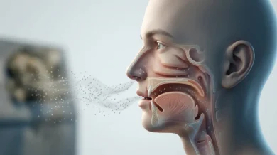 مقطع جانبي واقعي لرأس إنسان مع تمثيل نظيف لجزيئات رائحة غازية تتجه نحو الأنف والفم