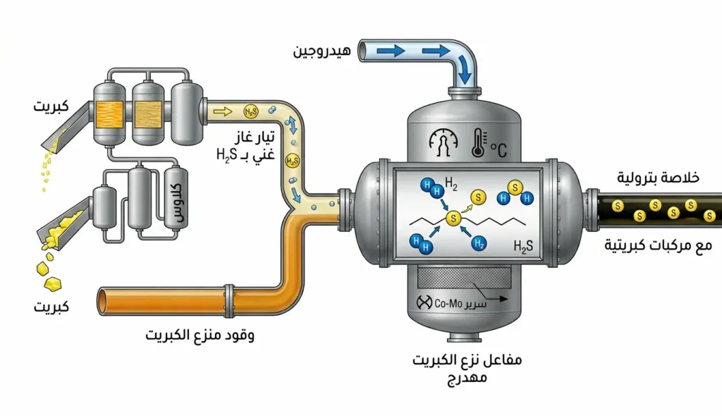 مخطط تدفق عملية إزالة الكبريت بالهيدروجين من الوقود البترولي وإنتاج الكبريت الصلب النقي